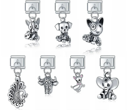 Animals Themed Dog Cow Elephant Peacock – silver animal dangle charm set including dog, cow, elephant, and peacock designs, Italian charm bracelet charms by Charmtastic