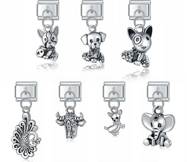 Animals Themed Dog Cow Elephant Peacock – silver animal dangle charm set including dog, cow, elephant, and peacock designs, Italian charm bracelet charms by Charmtastic