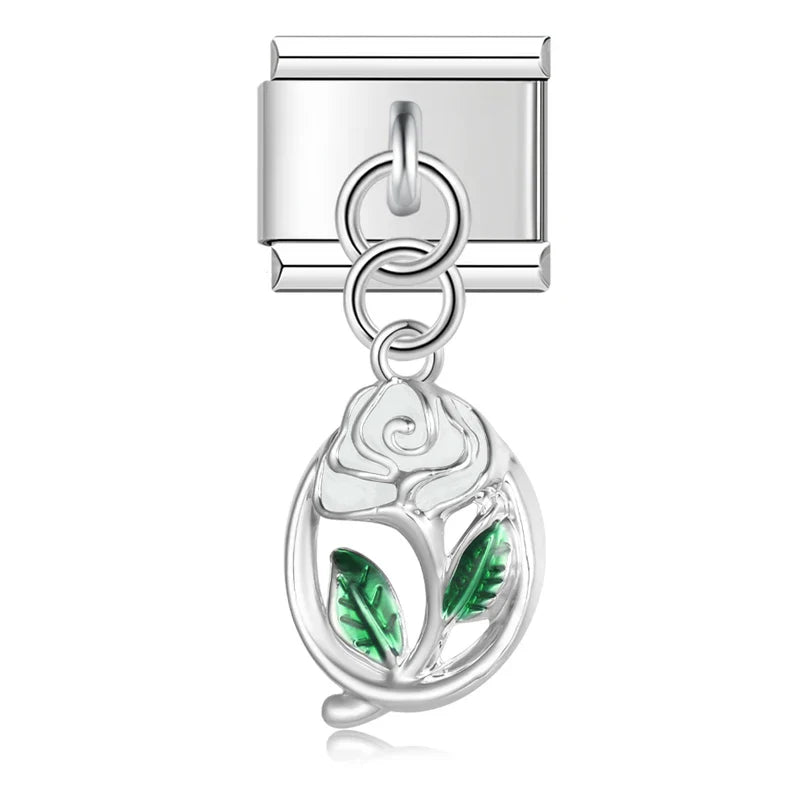 Animals Themed Dog Cow Elephant Peacock – silver rose flower charm with green enamel leaves, Italian charm bracelet charm by Charmtastic