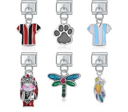 9mm silver Italian charm bracelet links featuring enamel sports jerseys, a textured paw print, an opera figure, a jeweled dragonfly, and a rainbow feather dangle.