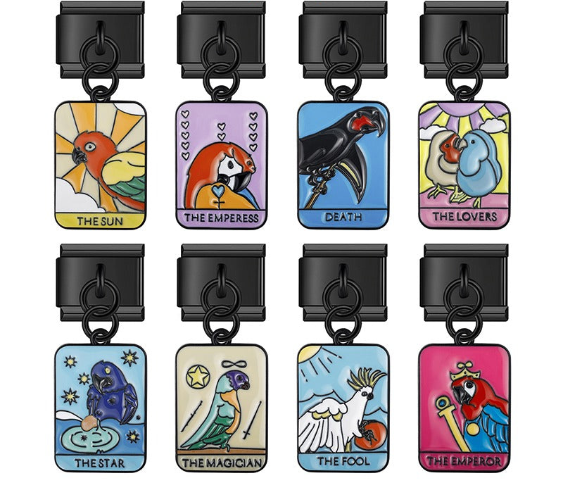 9mm black Italian charm bracelet links featuring colorful enamel bird tarot cards including The Sun, The Empress, Death, The Lovers, The Star, The Magician, The Fool, and The Emperor.