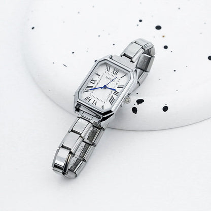 Rose Gold & Silver Rectangle Watch with Roman Numerals — Two-Tone Italian Charm Watch Bracelet