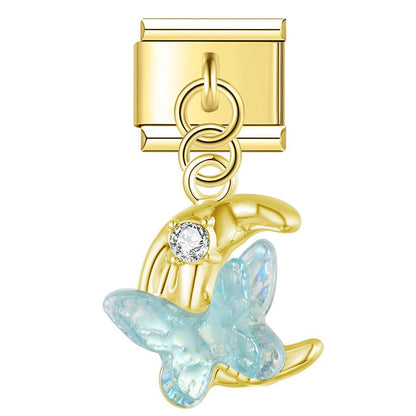 Iridescent Butterfly, Moon & Shimmering Star Trio Dangle Italian Charms — Aurora Celestial Dangle Links