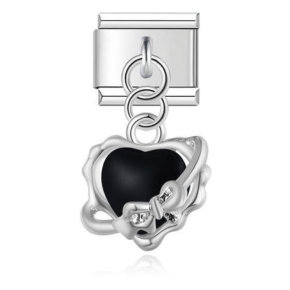 Crystal Orbit & Pearl Winged Heart Dangle Italian Charms — Silver & Gold Ribbon Heart & Wing Dangle Links