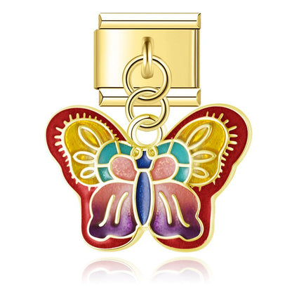 The Vibrant Enamel Butterfly & Floral Heart Dangle Charm in Gold