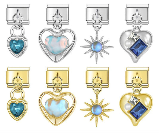 blue themed Sun Planet Heart charms silver&gold
