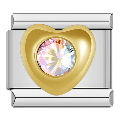 Gold CZ Heart, Pearl, Crown & Double Heart Italian Charms — Gem-Set Bracelet Links