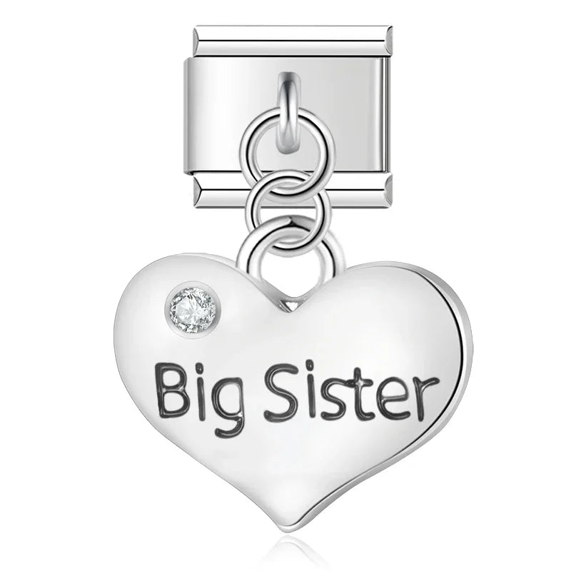 Big sister heart silver dangle Italian charm, by Charmtastic