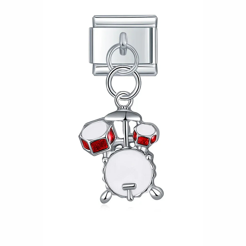 Bikini Drums Candy Durian Guitar charms – silver drum kit charm with red enamel accents, Italian charm bracelet charm by Charmtastic