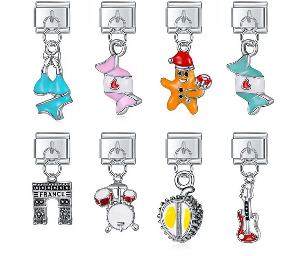 Bikini Drums Candy Durian Guitar charms – silver dangle charm set including bikini, candy, drum kit, and guitar designs, Italian charm bracelet charms by Charmtastic