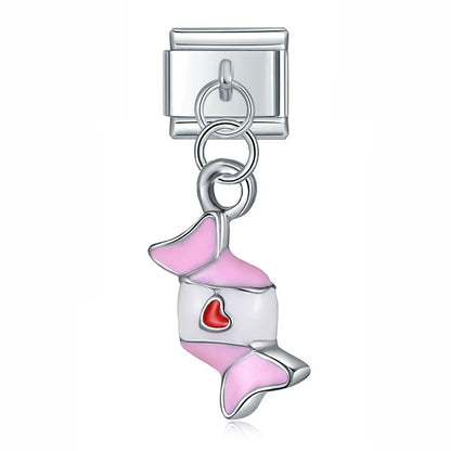 Bikini Drums Candy Durian Guitar charms – silver candy wrapper charm with pink enamel and red heart, Italian charm bracelet charm by Charmtastic