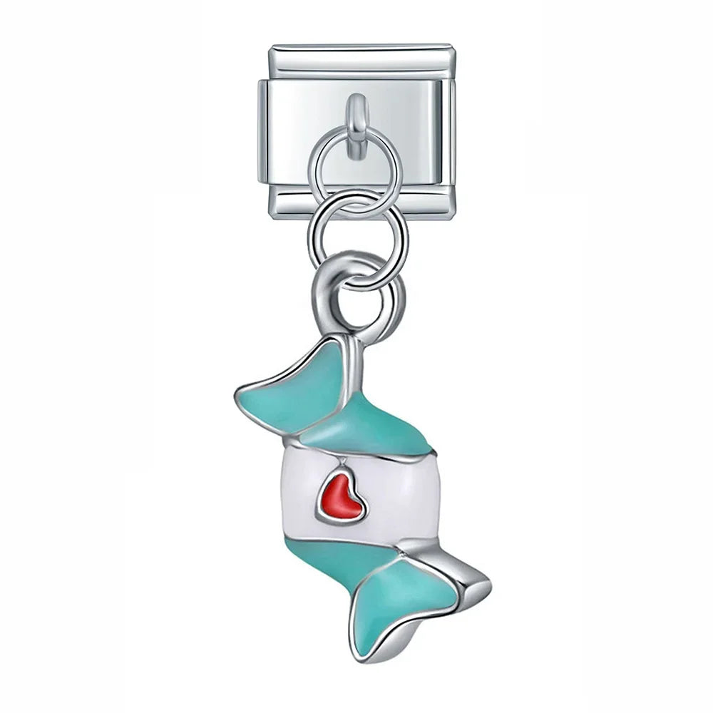 Bikini Drums Candy Durian Guitar charms – silver candy wrapper charm with teal enamel and red heart, Italian charm bracelet charm by Charmtastic
