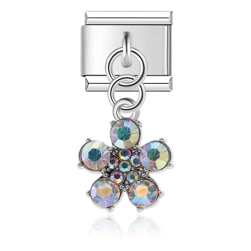 Birds Flower Pizza Cactus Headset Silver – flower charm with iridescent crystals in silver, Italian charm bracelet charm by Charmtastic