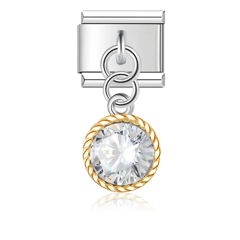 Birds Flower Pizza Cactus Headset Silver – second view of round cz gemstone charm with gold rope trim, Italian charm bracelet charm by Charmtastic