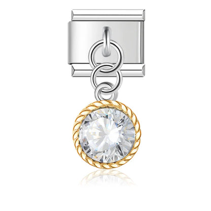 Birds Flower Pizza Cactus Headset Silver – second view of round cz gemstone charm with gold rope trim, Italian charm bracelet charm by Charmtastic