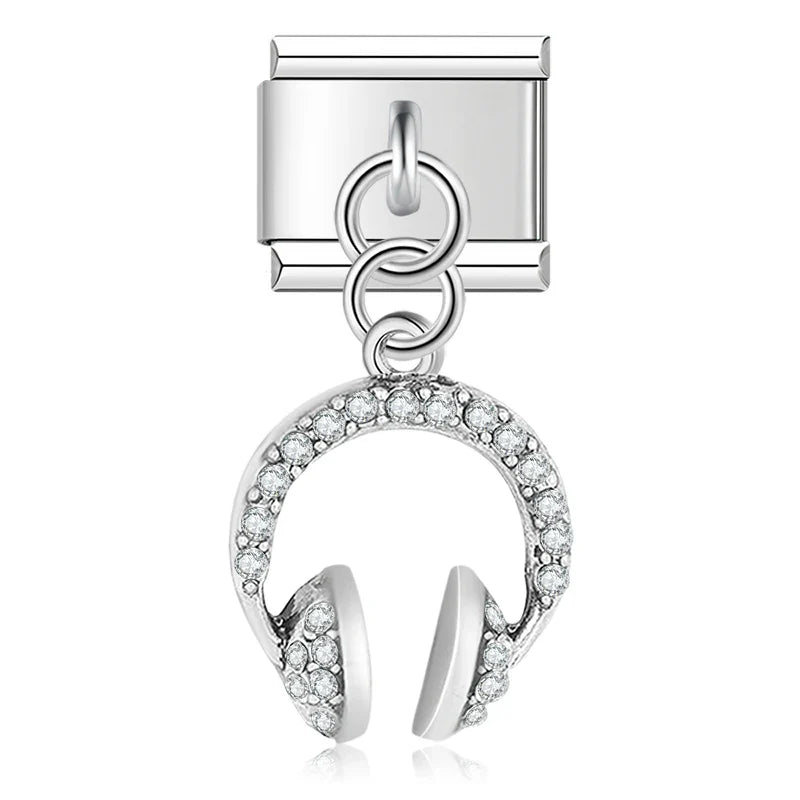 Birds Flower Pizza Cactus Headset Silver – headphones charm with cz crystals in silver, Italian charm bracelet charm by Charmtastic