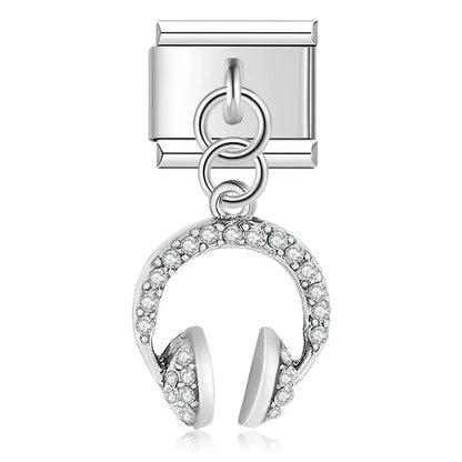 Birds Flower Pizza Cactus Headset Silver – headphones charm with cz crystals in silver, Italian charm bracelet charm by Charmtastic