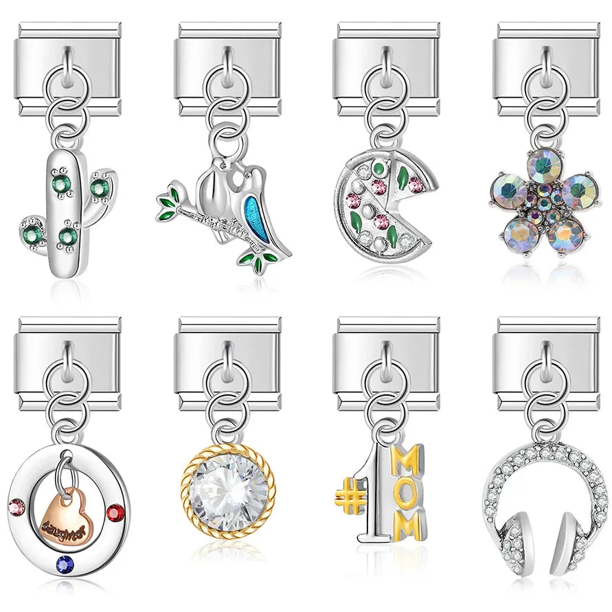 Birds Flower Pizza Cactus Headset Silver – cactus, bird, pizza slice, flower, circle pendant, gemstone, #1 MOM, and headphones charms in silver, Italian charm bracelet charms by Charmtastic