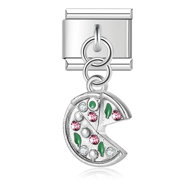 Birds Flower Pizza Cactus Headset Silver – pizza slice charm with cz crystals in silver, Italian charm bracelet charm by Charmtastic
