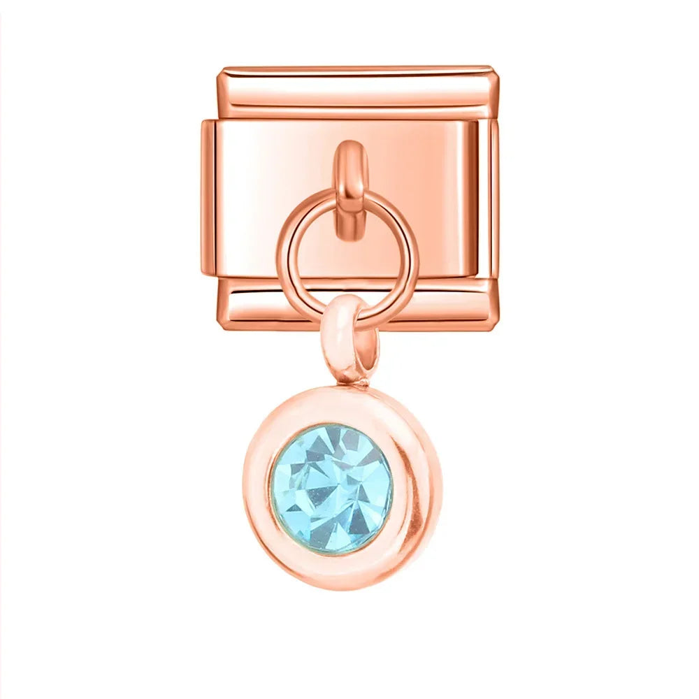 Rose gold round dangle with aqua crystal — Italian charm bracelet, by Charmtastic