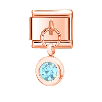 Rose gold round dangle with aqua crystal — Italian charm bracelet, by Charmtastic