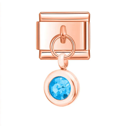 Rose gold round dangle with blue crystal — Italian charm bracelet, by Charmtastic