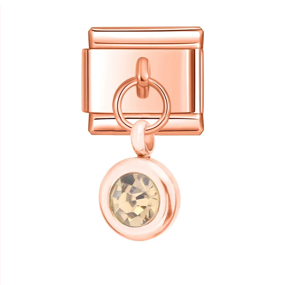 Rose gold round dangle with champagne crystal — Italian charm bracelet, by Charmtastic
