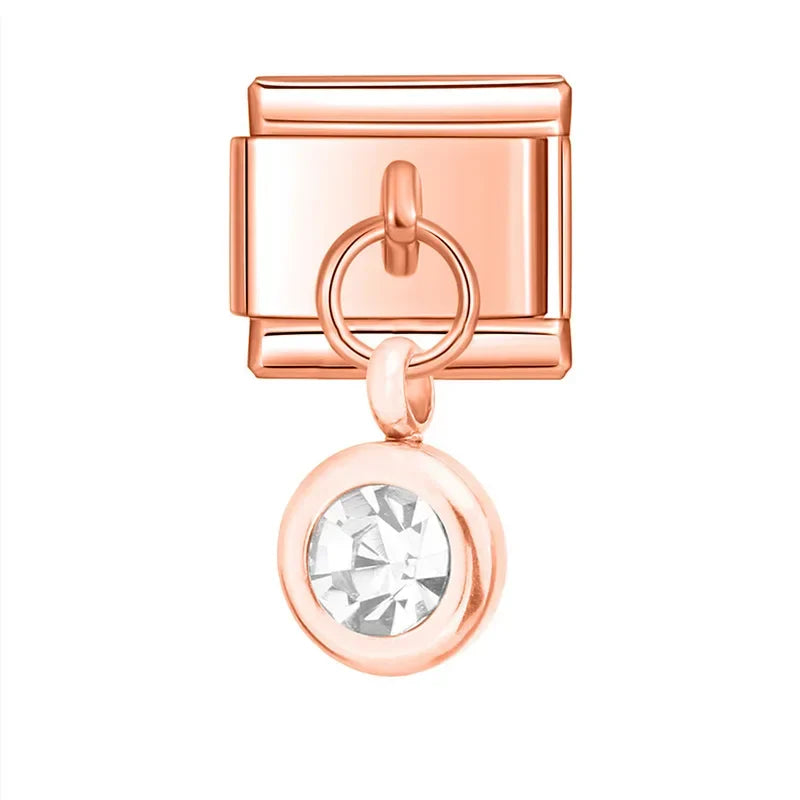 Rose gold round dangle with clear crystal — Italian charm bracelet, by Charmtastic