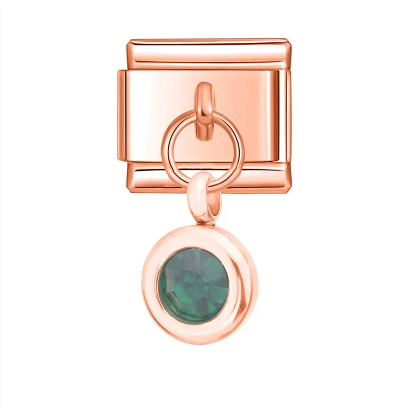 Rose gold round dangle with emerald crystal — Italian charm bracelet, by Charmtastic