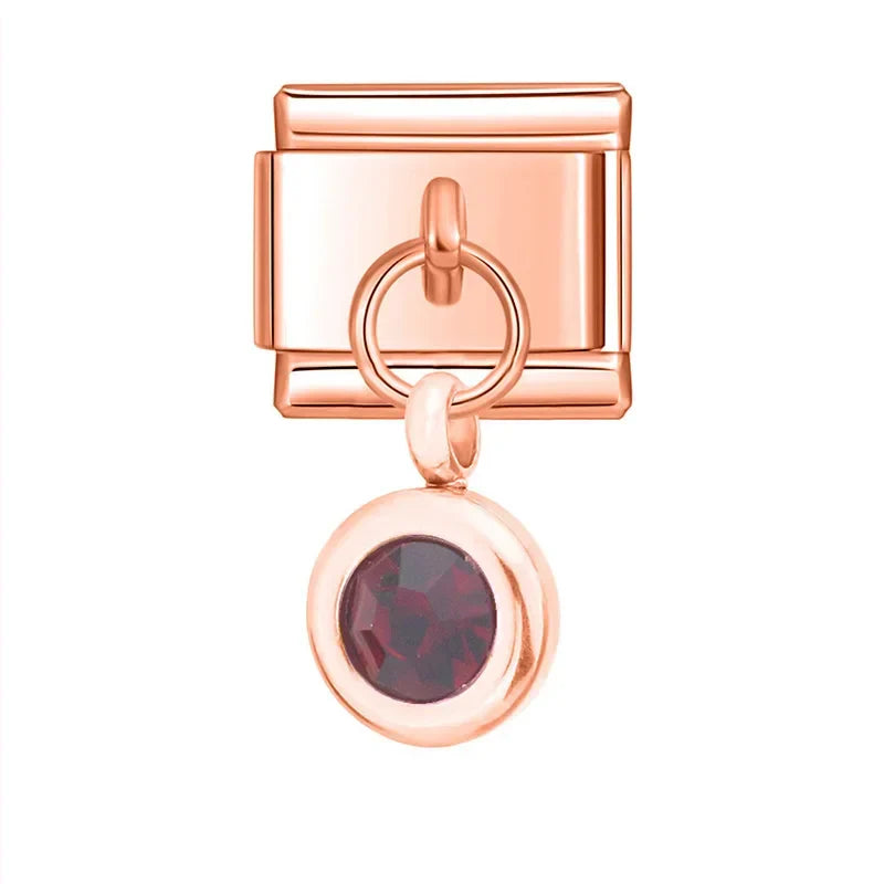 Rose gold round dangle with garnet red crystal — Italian charm bracelet, by Charmtastic