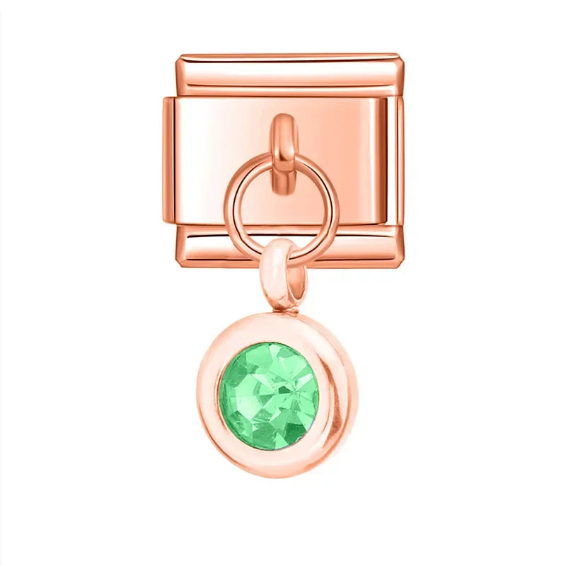 Rose gold round dangle with green crystal — Italian charm bracelet, by Charmtastic