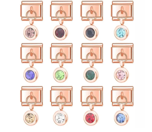 Rose gold birthstone crystal dangle Italian charms collection, by Charmtastic