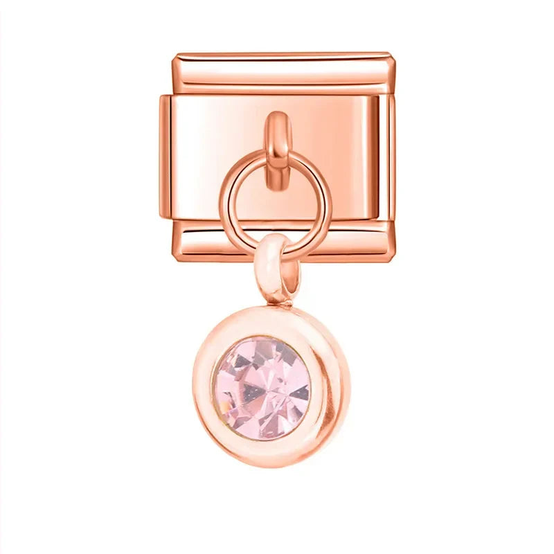 Rose gold round dangle with pink crystal — Italian charm bracelet, by Charmtastic