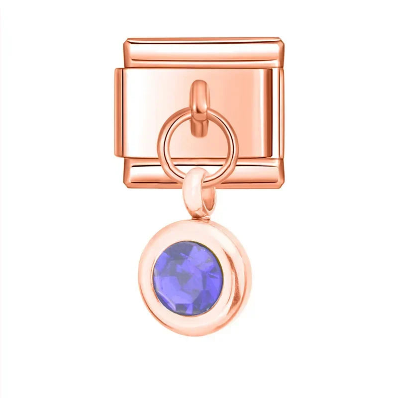 Rose gold round dangle with purple crystal — Italian charm bracelet, by Charmtastic
