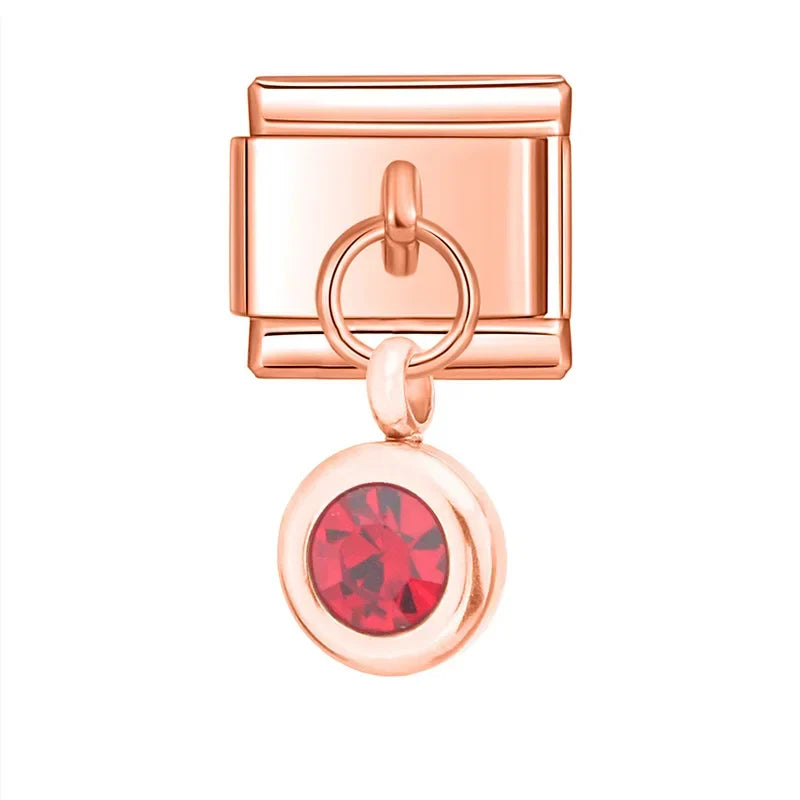 Rose gold round dangle with red crystal — Italian charm bracelet, by Charmtastic