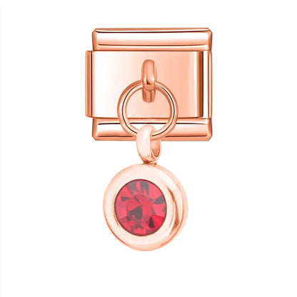 Rose gold round dangle with red crystal — Italian charm bracelet, by Charmtastic
