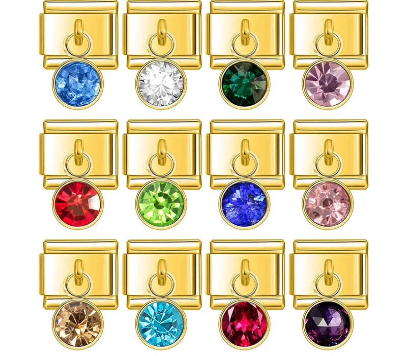 gold Italian charm bracelet link featuring 12 different round-cut birthstone crystals for personalized modular jewelry.