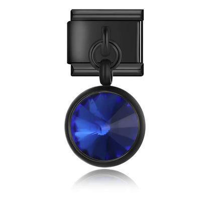 Black-set round CZ dangle with blue crystal — Italian charm bracelet, by Charmtastic