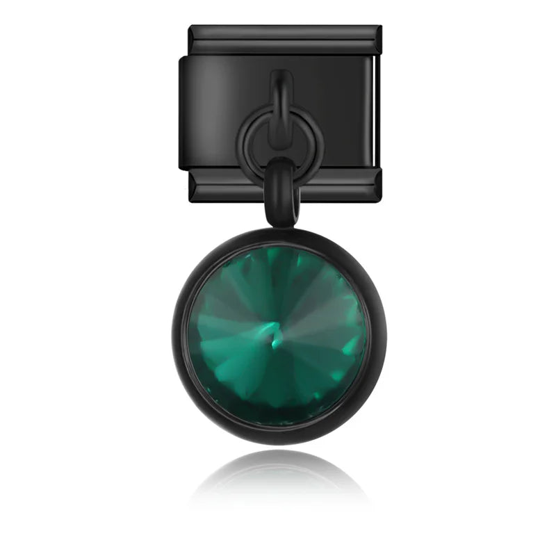 Black-set round CZ dangle with emerald crystal — Italian charm bracelet, by Charmtastic