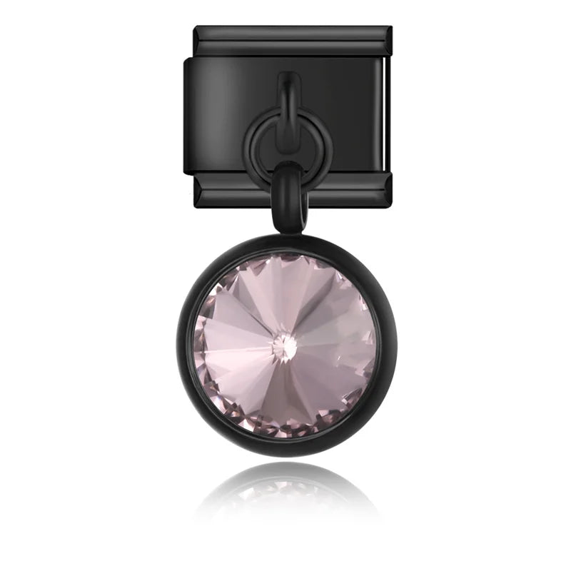 Black-set round CZ dangle with pink crystal — Italian charm bracelet, by Charmtastic