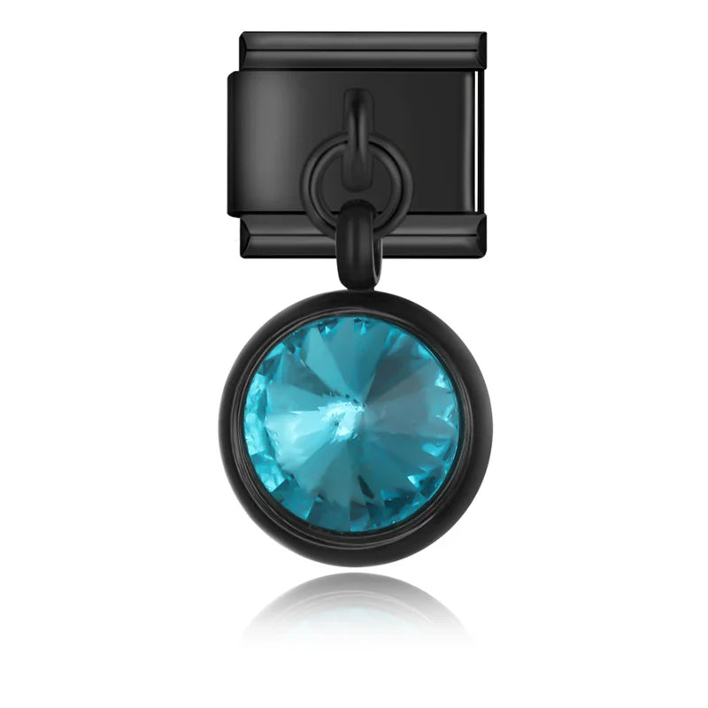 Black-set round CZ dangle with teal crystal — Italian charm bracelet, by Charmtastic
