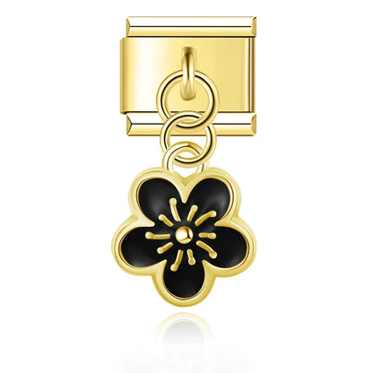 Black flower dangle gold Italian charm, by Charmtastic