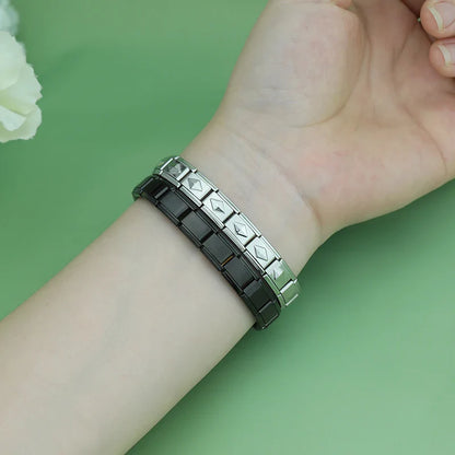 Black Italian Charm Bracelet – black and silver charm bracelets stacked on wrist, by Charmtastic