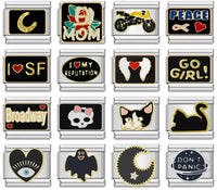 Black-Themed Italian Charms — Cat, Moon, Skull, Broadway, GO GIRL & More