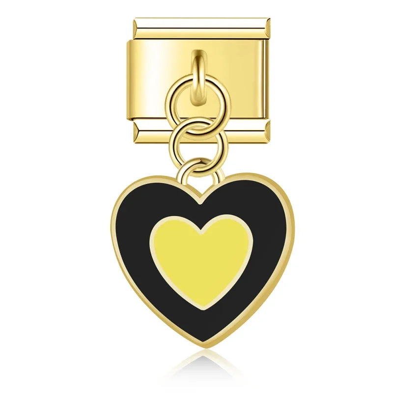 Black and yellow heart gold Italian charm, by Charmtastic