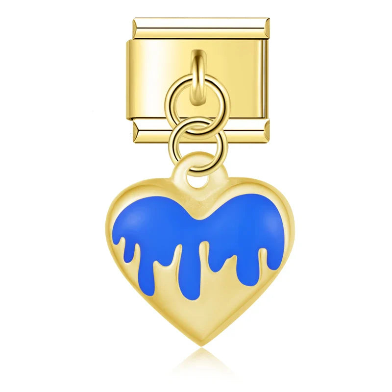 Blue drip heart dangle gold Italian charm, by Charmtastic