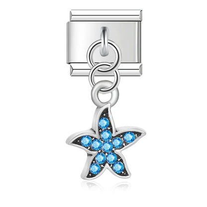 Blue rhinestone starfish dangle Italian charm, by Charmtastic