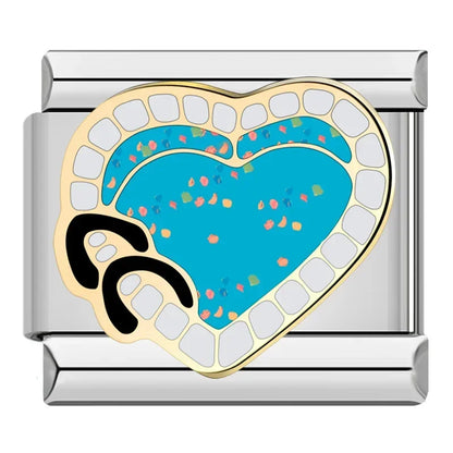 Blue Themed Italian Charms – black flip-flop sandals with glittery blue heart enamel charm, Italian charm bracelet charm by Charmtastic