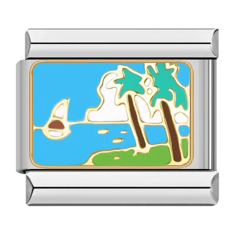 Blue Themed Italian Charms – tropical island beach enamel charm with palm trees and sailboat on blue water, Italian charm bracelet charm by Charmtastic