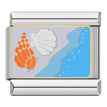 Blue Themed Italian Charms – orange conch shell and white scallop shell on sand enamel charm, Italian charm bracelet charm by Charmtastic